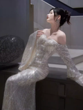 Sexy Mermaid Off The Shoulder Silver Sequin Long Prom Dress HZ1024