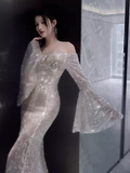 Sexy Mermaid Off The Shoulder Silver Sequin Long Prom Dress HZ1024
