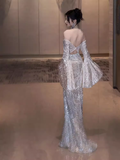 Sexy Mermaid Off The Shoulder Silver Sequin Long Prom Dress HZ1024