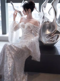 Sexy Mermaid Off The Shoulder Silver Sequin Long Prom Dress HZ1024