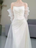 White Mermaid Strapless Satin Wedding Dress With Sleeves HZ1024