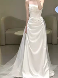 White Mermaid Strapless Satin Wedding Dress With Sleeves HZ1024