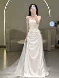 White Mermaid Strapless Satin Wedding Dress With Sleeves HZ1024