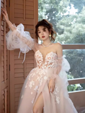 Vintage A Line Strapless Lace White Wedding Dress With Slit HZ1024