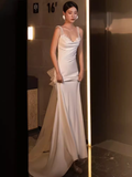 Chic Mermaid Straps Satin White Wedding Dress With Pearls HZ1024