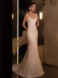 Chic Mermaid Straps Satin White Wedding Dress With Pearls HZ1024