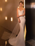 Chic Mermaid Straps Satin White Wedding Dress With Pearls HZ1024