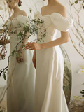 Chic A line Off The Shoulder White Wedding Dress With Short Sleeves HZ1024