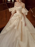 Chic Ball Gown Off The Shoulder White Wedding Dress With Short Sleeves HZ1024