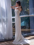 Vintage Mermaid Straps Lace White Wedding Dress Brides Dresses HZ1024