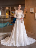 Chic A line Square Neckline Lace White Wedding Dress With Long Sleeves HZ1024