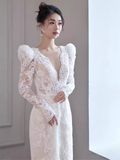Chic Mermaid V Neckline Lace White Wedding Dress With Long Sleeves HZ1024