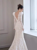 Chic Mermaid V Neckline Lace White Wedding Dress With Long Sleeves HZ1024