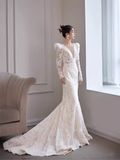Chic Mermaid V Neckline Lace White Wedding Dress With Long Sleeves HZ1024