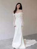 Chic Mermaid Off The Shoulder White Wedding Dress With Long Sleeves HZ1024