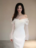 Chic Mermaid Off The Shoulder White Wedding Dress With Long Sleeves HZ1024