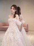 Chic A line Off The Shoulder White Lace Wedding Dress With Cap Sleeves HZ1024