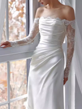 Chic Sheath Off The Shoulder Satin Lace White Wedding Dress With Long Sleeves HZ1024