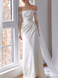 Chic Sheath Off The Shoulder Satin Lace White Wedding Dress With Long Sleeves HZ1024