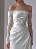 Chic Sheath Off The Shoulder Satin Lace White Wedding Dress With Long Sleeves HZ1024