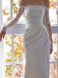 Chic Sheath Off The Shoulder Satin Lace White Wedding Dress With Long Sleeves HZ1024