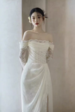 Chic Sheath Off The Shoulder Long Sleeves Lace White Wedding Dresses HZ1024