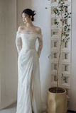 Chic Sheath Off The Shoulder Long Sleeves Lace White Wedding Dresses HZ1024