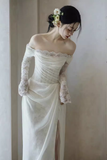 Chic Sheath Off The Shoulder Long Sleeves Lace White Wedding Dresses HZ1024