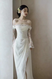 Chic Sheath Off The Shoulder Long Sleeves Lace White Wedding Dresses HZ1024