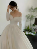 Simple Ball Gown Off The Shoulder Long Sleeves White Wedding Dresses HZ1024