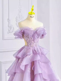 Fairy Ball Gown Off The Shoulder Lace Lilac Long Prom Dress HZ1024
