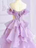 Fairy Ball Gown Off The Shoulder Lace Lilac Long Prom Dress HZ1024