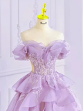 Fairy Ball Gown Off The Shoulder Lace Lilac Long Prom Dress HZ1024