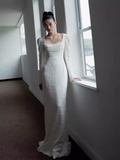 Chic Mermaid Square Neckline Long Sleeves White Lace Wedding Dresses HZ1024