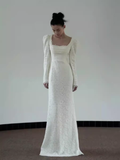 Chic Mermaid Square Neckline Long Sleeves White Lace Wedding Dresses HZ1024
