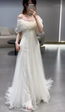 Simple A Line Off The Shoulder Tulle White Long Wedding Dresses HZ1024
