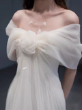 Simple A Line Off The Shoulder Tulle White Long Wedding Dresses HZ1024