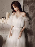 Princess A Line Off The Shoulder Tulle White Long Wedding Dresses HZ1024