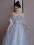 Sexy A line Off The Shoulder Tulle Gray Long Prom Dresses HZ1024