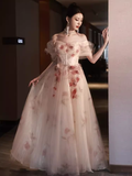 Sexy A line Off The Shoulder Tulle Flowers Long Prom Dresses HZ1024