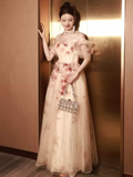 Sexy A line Off The Shoulder Tulle Flowers Long Prom Dresses HZ1024
