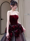 Sexy Ball Gown Strapless Velvet Burgundy Tulle Flowers Long Prom Dresses HZ1024