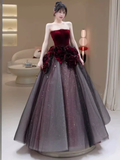 Sexy Ball Gown Strapless Velvet Burgundy Tulle Flowers Long Prom Dresses HZ1024