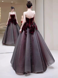 Sexy Ball Gown Strapless Velvet Burgundy Tulle Flowers Long Prom Dresses HZ1024