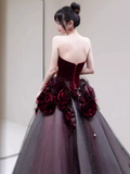 Sexy Ball Gown Strapless Velvet Burgundy Tulle Flowers Long Prom Dresses HZ1024