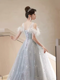 Pretty A Line Off The Shoulder Tulle Gray Long Prom Dresses HZ1024