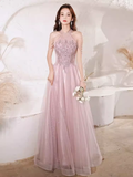 Pretty A Line High Neckline Tulle Pink Long Prom Dresses HZ1024