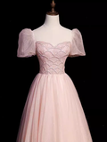 Pretty A Line Sweetheart Tulle Pink Beads Long Prom Dresses HZ1024