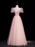 Pretty A Line Sweetheart Tulle Pink Beads Long Prom Dresses HZ1024
