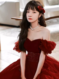 Pretty A Line Off The Shoulder Burgundy Tulle Beads Long Prom Dresses HZ1024